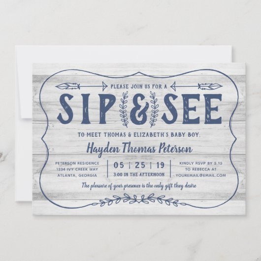 Rustic Wood Sip and See Baby shower Invitation Kaart (Voorkant)
