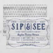 Rustic Wood Sip and See Baby shower Invitation Kaart (Voorkant / Achterkant)