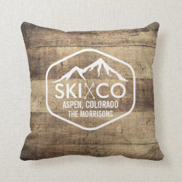 Rustic Wood Ski Poles & Mountain Aspen Colorado Kussen