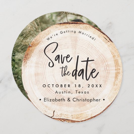 Rustic Wood Slice bruiloft Save the Date Kaart (Voorkant / Achterkant)