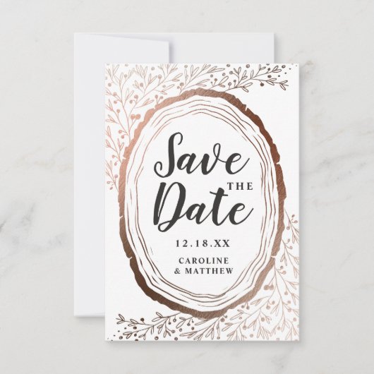 Rustic Wood Slice Copper Folie herfst bruiloft Save The Date (Voorkant)