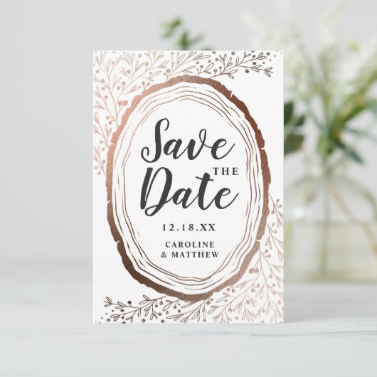 Rustic Wood Slice Copper Folie herfst bruiloft Save The Date (Staand voorkant)