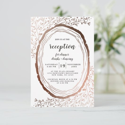Rustic Wood Slice Copper Folie Wedding Reception Kaart (Staand voorkant)
