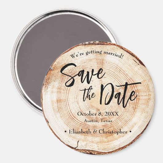 Rustic Wood Slice Custom Save the Date Wedding Magneet (Voorkant / Achterkant)