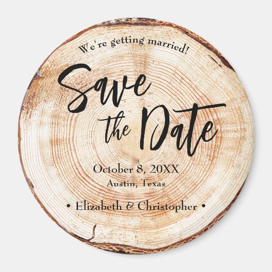 Rustic Wood Slice Custom Save the Date Wedding Magneet (Voorkant)
