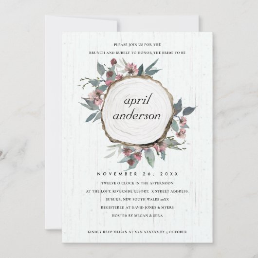 RUSTIC WOOD SLICE FLORAL BRUNCH & BUBBLY INVITE BEDANKKAART (Voorkant)