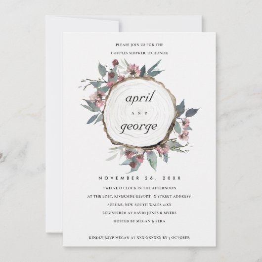 RUSTIC WOOD SLICE FLORAL COUPLES SHOWER INVITE BEDANKKAART (Voorkant)