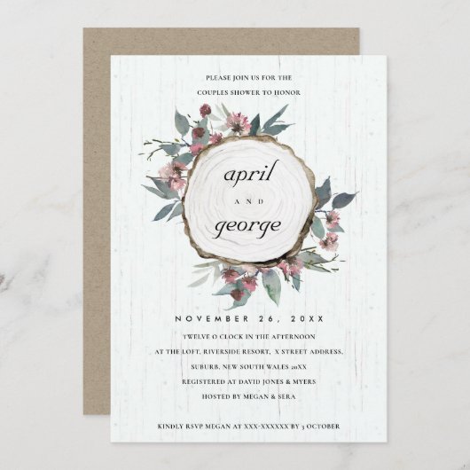 RUSTIC WOOD SLICE FLORAL COUPLES SHOWER INVITE BEDANKKAART (Voorkant / Achterkant)