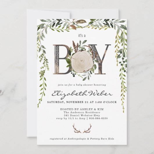 Rustic Wood Slice Greenery Baby shower Uitnodiging (Voorkant)