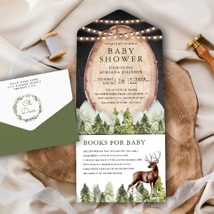 Rustic Wood Slice Mountain Forest Deer Baby shower All In One Uitnodiging