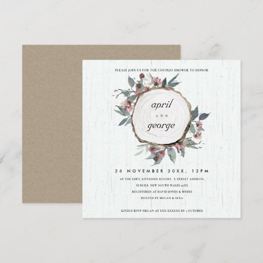 RUSTIC WOOD SLICE PINK FLORA COUPLY SHOWER INVITE BEDANKKAART (Voorkant / Achterkant)