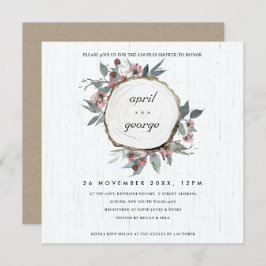 RUSTIC WOOD SLICE PINK FLORA COUPLY SHOWER INVITE BEDANKKAART