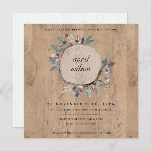 RUSTIC WOOD SLICE PINK FLORAL BRUNCH BUBBLY INVITE BEDANKKAART (Voorkant / Achterkant)