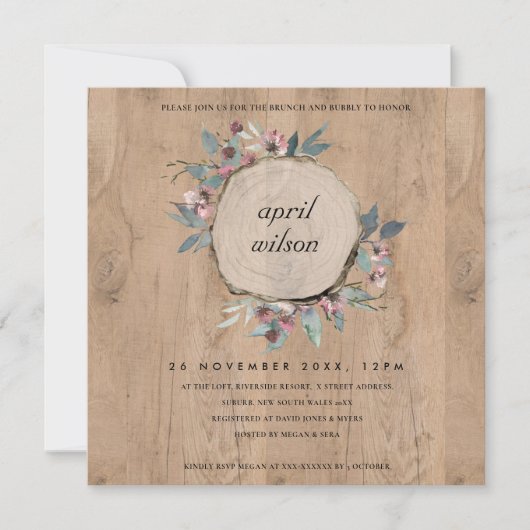 RUSTIC WOOD SLICE PINK FLORAL BRUNCH BUBBLY INVITE BEDANKKAART (Voorkant)