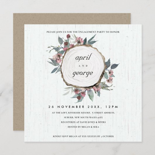 RUSTIC WOOD SLICE PINK FLORAL VERLOVING INVITE BEDANKKAART (Voorkant / Achterkant)