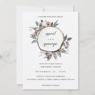 RUSTIC WOOD SLICE PINK FLORAL WEDDING INVITE BEDANKKAART