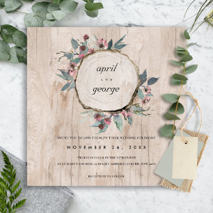 RUSTIC WOOD SLICE PINK GREEN FLORAL WEDDING INVITE BEDANKKAART