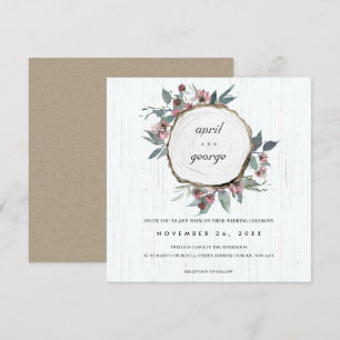 RUSTIC WOOD SLICE PINK GREEN FLORAL WEDDING INVITE BEDANKKAART