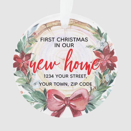 Rustic Wood Slice & Poinsettia Wreater New Home Ornament (voorkant)