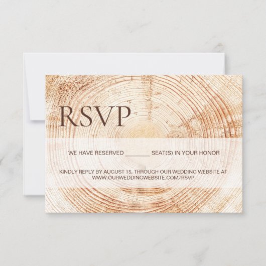 Rustic Wood Slice Tree Ring Wedding reserved seats RSVP Kaartje (Voorkant)