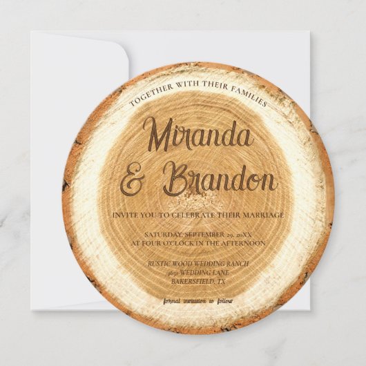 Rustic Wood Slice Wedding Invitation Kaart (Voorkant)