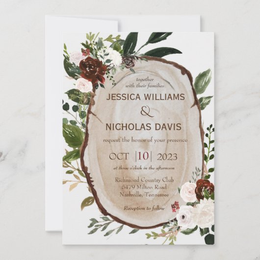 Rustic Wood Slice Wedding Invitation Kaart (Voorkant)