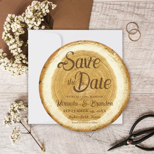 Rustic Wood Slice Wedding Save the Date Card Kaart