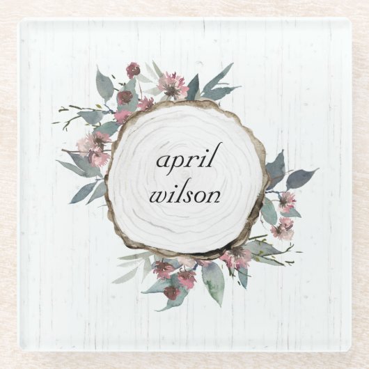 RUSTIC WOOD SLICE WILD FLORAL EUCALYPTUS PINKEN GLAZEN ONDERZETTER (Voorkant)