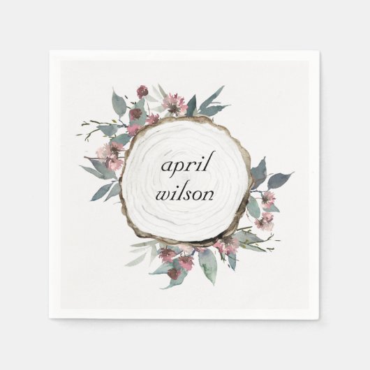 RUSTIC WOOD SLICE WILD FLORAL EUCALYPTUS PINKEN SERVET (Voorkant)