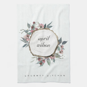 RUSTIC WOOD SLICE WILD FLORAL EUCALYPTUS PINKEN THEEDOEK