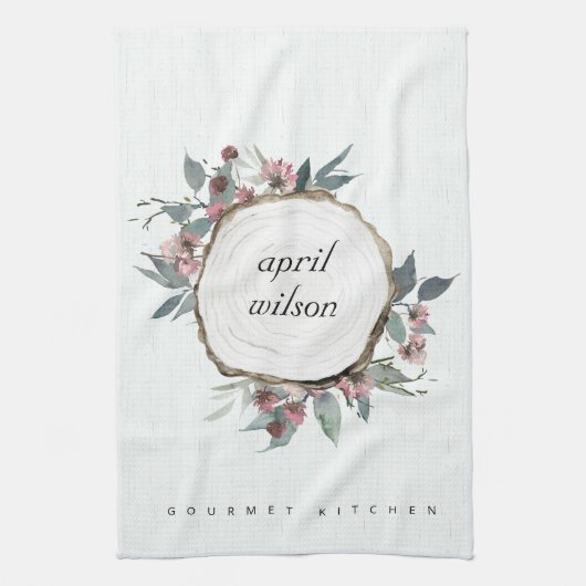 RUSTIC WOOD SLICE WILD FLORAL EUCALYPTUS PINKEN THEEDOEK (Verticaal)