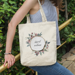 RUSTIC WOOD SLICE WILD FLORAL EUCALYPTUS PINKEN TOTE BAG