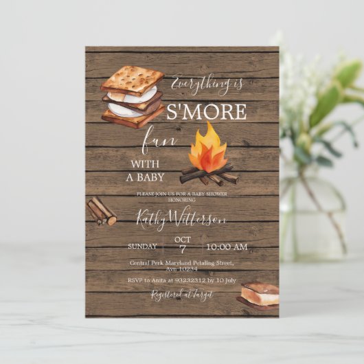 Rustic Wood S'more Fun Baby shower Invitation Kaart (Staand voorkant)