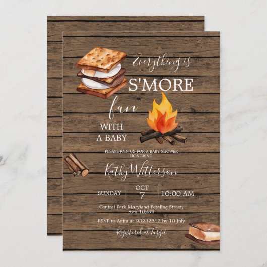 Rustic Wood S'more Fun Baby shower Invitation Kaart (Voorkant / Achterkant)