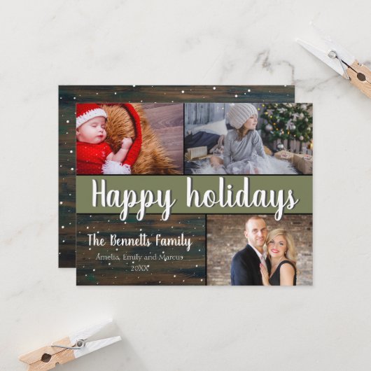 Rustic Wood Sneeuw 3 Foto Collage Holiday Kaart (Voorkant / Achterkant in situ)