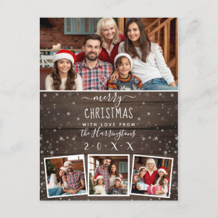 Rustic Wood & Sneeuwfamilie 4 Fotopretkerst Feestdagenkaart