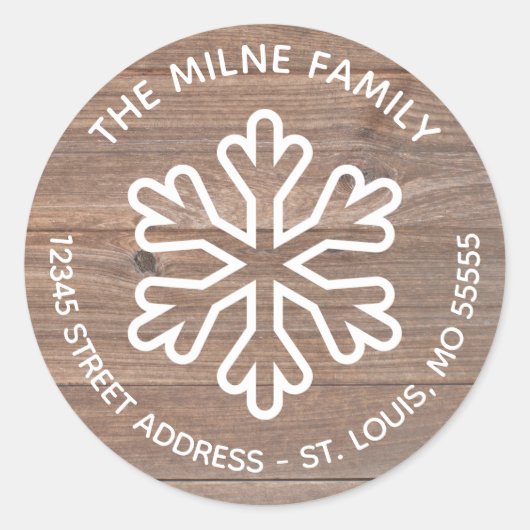Rustic Wood Snowflake - Cirkelretouradres Ronde Sticker (Voorkant)
