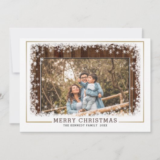 Rustic Wood Snowflake Familie Foto Kerstmis Feestdagenkaart (Voorkant)