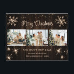 Rustic Wood Snowflake Foto Collage Feestdagenkaart<br><div class="desc">Rustieke foto Vrolijk Kerstfeest en Gelukkig Nieuwjaar briefkaart met een fotocollage met sterretjes,  sneeuwvlokken en een mooie handgeschreven vakantiebegroeting in een feestelijk lettertype. Personaliseer dit rustieke houten vakantie-briefkaart eenvoudig met uw foto's,  familienaam en tekst.</div>