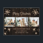 Rustic Wood Snowflake Foto Collage Feestdagenkaart<br><div class="desc">Rustieke foto Vrolijk Kerstfeest en Gelukkig Nieuwjaar briefkaart met een fotocollage met sterretjes,  sneeuwvlokken en een mooie handgeschreven vakantiebegroeting in een feestelijk lettertype. Personaliseer dit rustieke houten vakantie-briefkaart eenvoudig met uw foto's,  familienaam en tekst.</div>