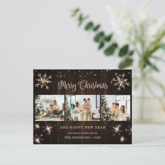 Rustic Wood Snowflake Foto Collage Feestdagenkaart (Staand voorkant)