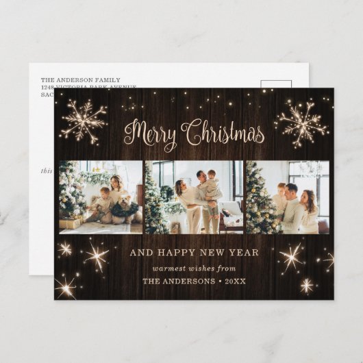 Rustic Wood Snowflake Foto Collage Feestdagenkaart (Voorkant / Achterkant)
