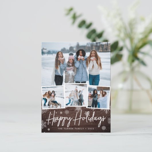 Rustic Wood Snowflake Foto Collage Feestdagenkaart (Staand voorkant)