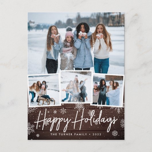 Rustic Wood Snowflake Foto Collage Feestdagenkaart (Voorkant)