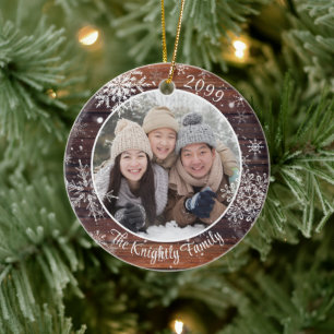 Rustic Wood Snowflake Foto gepersonaliseerd Keramisch Ornament