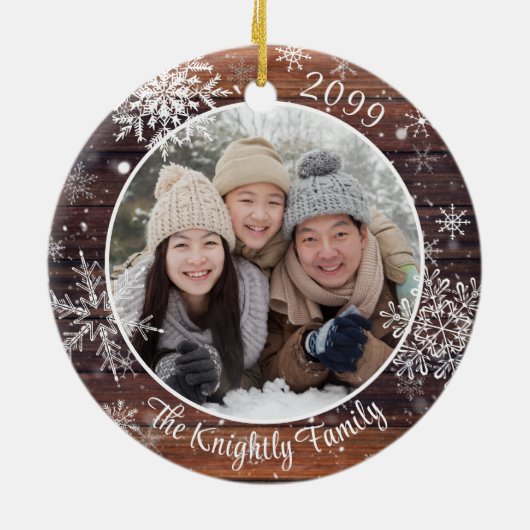 Rustic Wood Snowflake Foto gepersonaliseerd Keramisch Ornament (Achterkant)