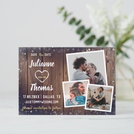 Rustic Wood Snowflake Holiday Weddenfoto Save The Date (Staand voorkant)