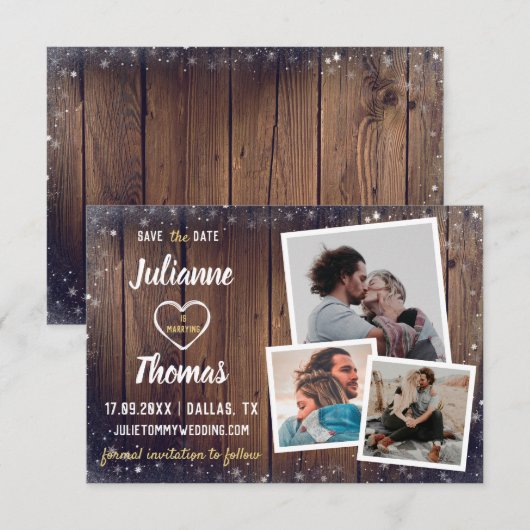 Rustic Wood Snowflake Holiday Weddenfoto Save The Date (Voorkant / Achterkant)