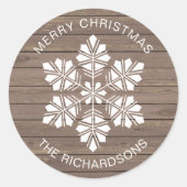 Rustic Wood Snowflake kerstenvelop Ronde Sticker (Voorkant)
