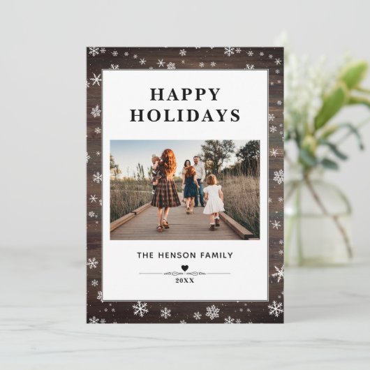 Rustic Wood Snowflake Merry kerstfoto Holida Feestdagenkaart (Staand voorkant)